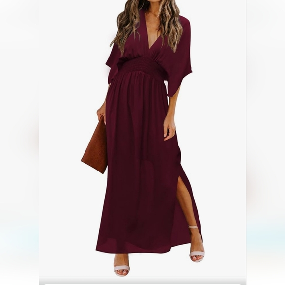 Maxi deep v neck batwing short sleeve smocked waist dress XL ruby red - Picture 4 of 4